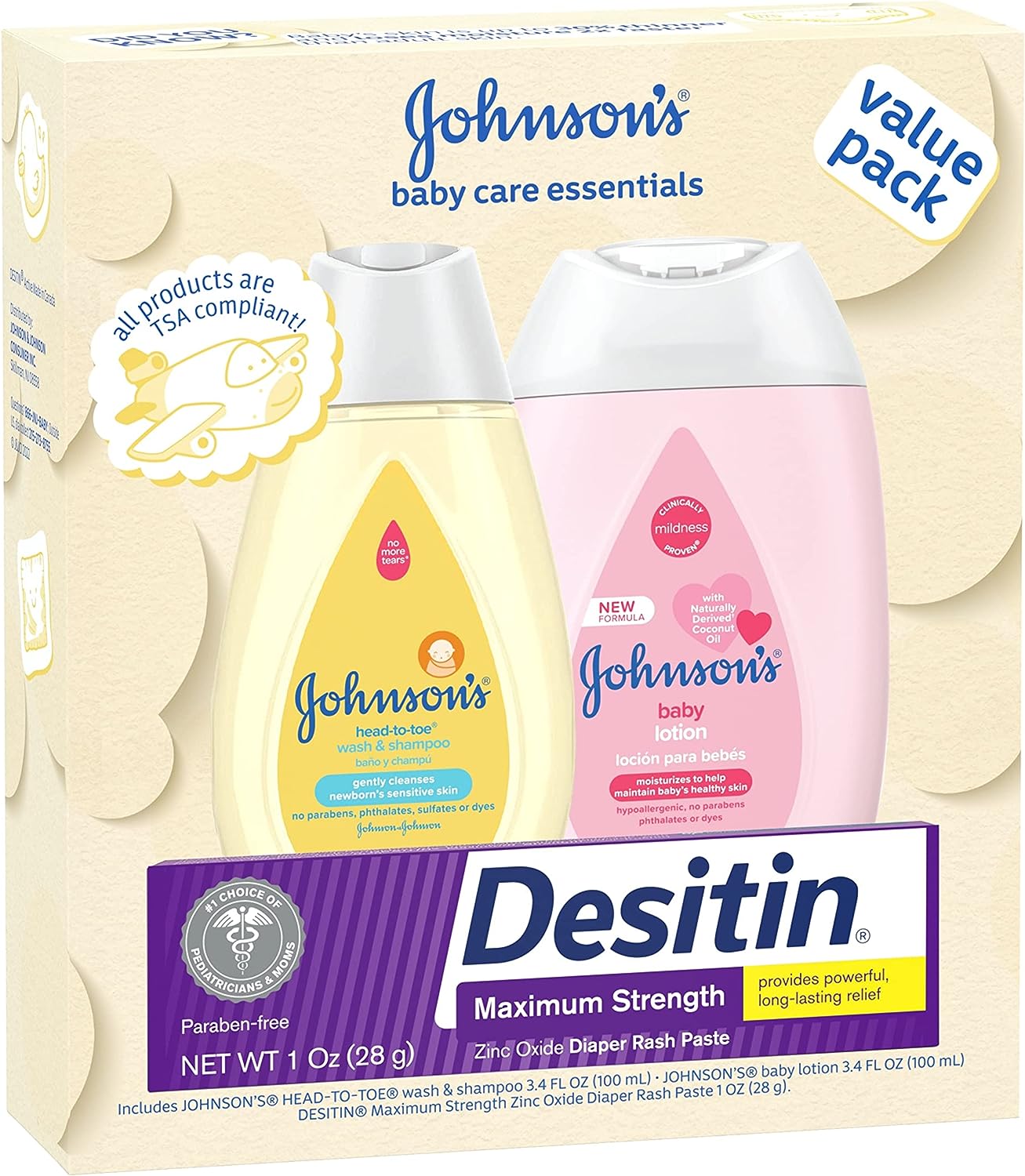 Johnson's Baby Care Essentials Gift Set, Baby Skincare Set with Body Wash & Shampoo, Body Lotion, & Zinc Oxide Diaper Rash Paste for Baby's Delicate Skin, Value Pack, Travel-Size, 3 Items - Image 6